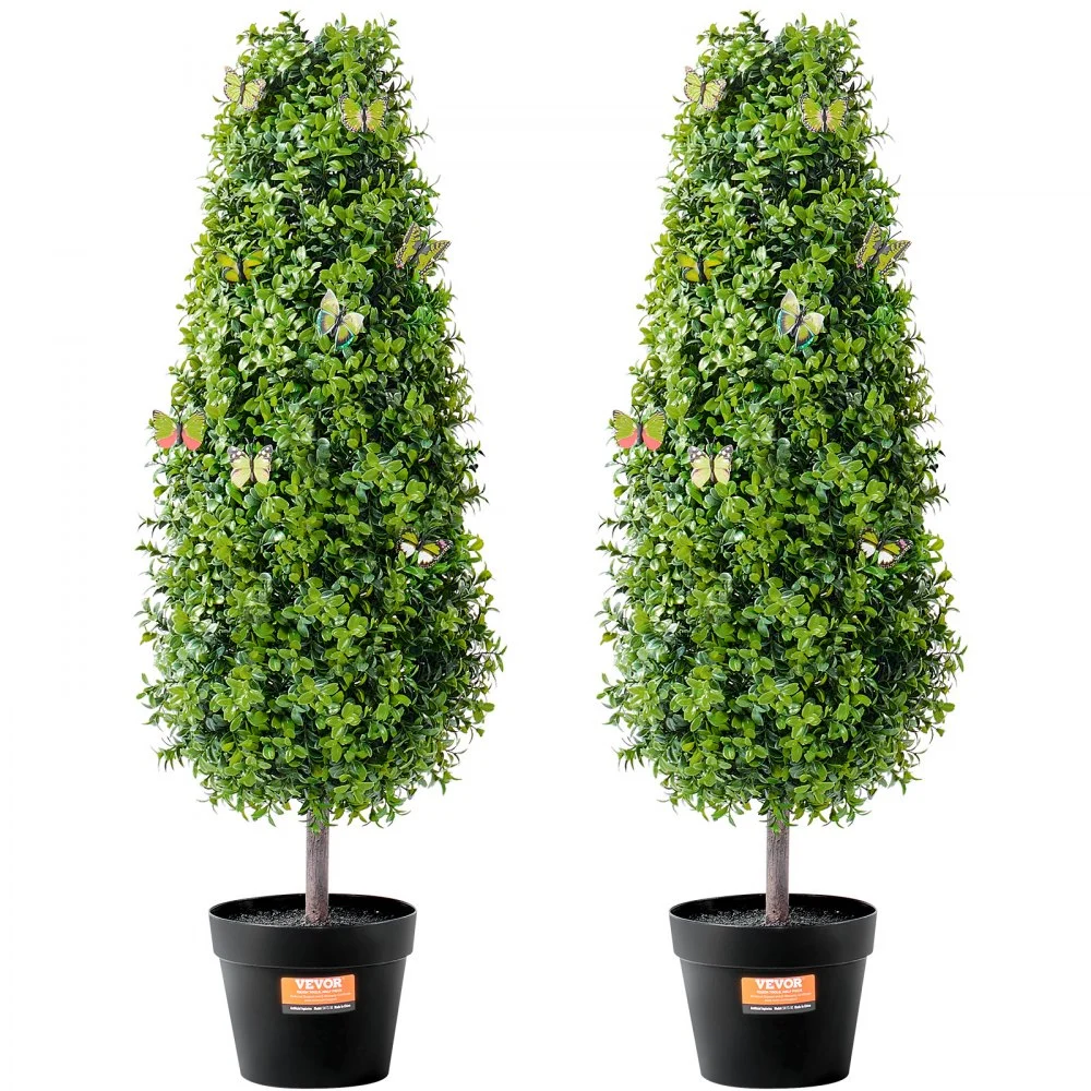 VEVOR Artificial Boxwood Topiary Tree, 36 inch Tall (2 Pieces), Faux Topiary Trees, Green Faux Plant w/ Extra Leaves & Pot & Small Decoration, UV Rated Greenery Set for Home Decor Indoor/Outdoor