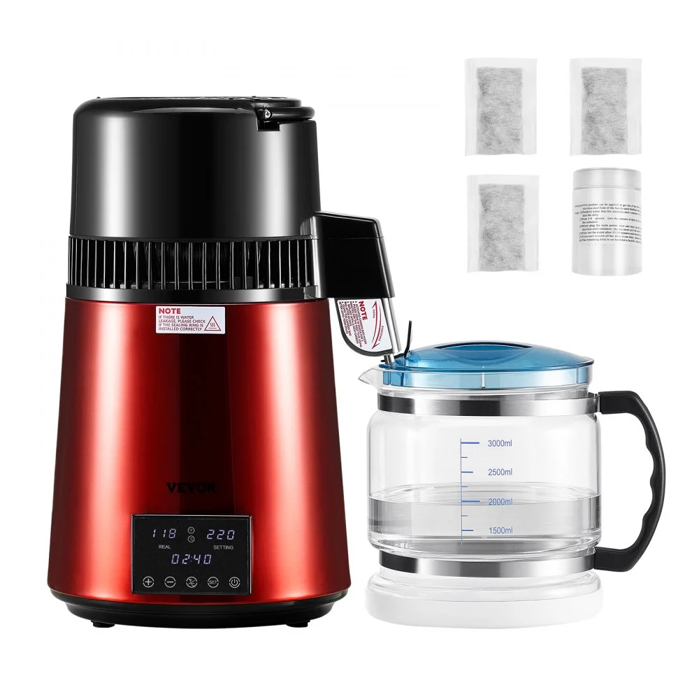 VEVOR Water Distiller, 4L 1.1 Gallon Pure Water Purifier Filter For Home Table Countertop, 1750W Distilled Maker with Glass Pot, Stainless Steel Interior Drinking Machine to Make Clean Waters, Red