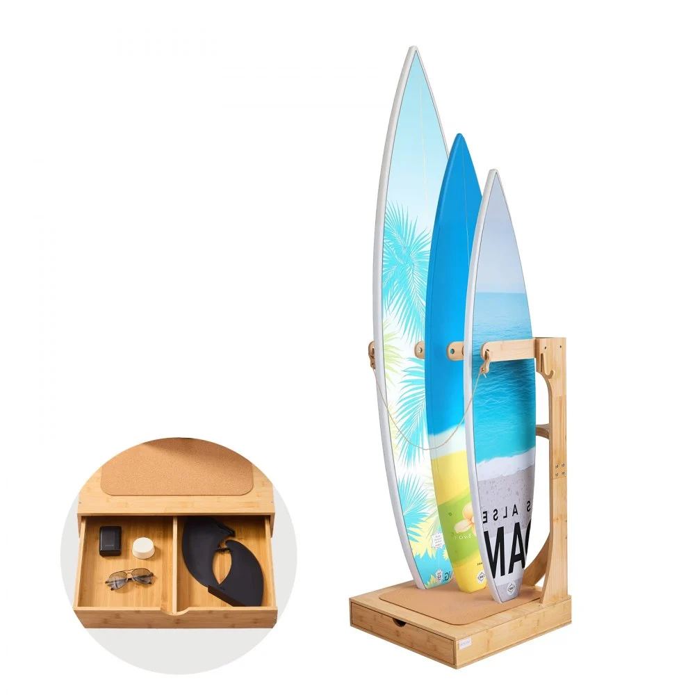 Clearance
        
               VEVOR Vertical Surfboard Stand, 3 Tiers Wooden Surfboard Rack for Storage and Display, Freestanding Board Stand Organizer with Hanging Hooks & Cork Padding, for Wakeboards, Snowboards, Kiteboards