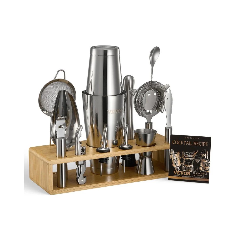 VEVOR Cocktail Shaker Set, 13-Piece Stainless Steel Bar Tools with Bamboo Stand, Boston Bartender Kit Accessories | Mixer Spoon, Muddler, Jigger, Strainer, Liquor Pourers, Ice Scoop, Lemon Zester