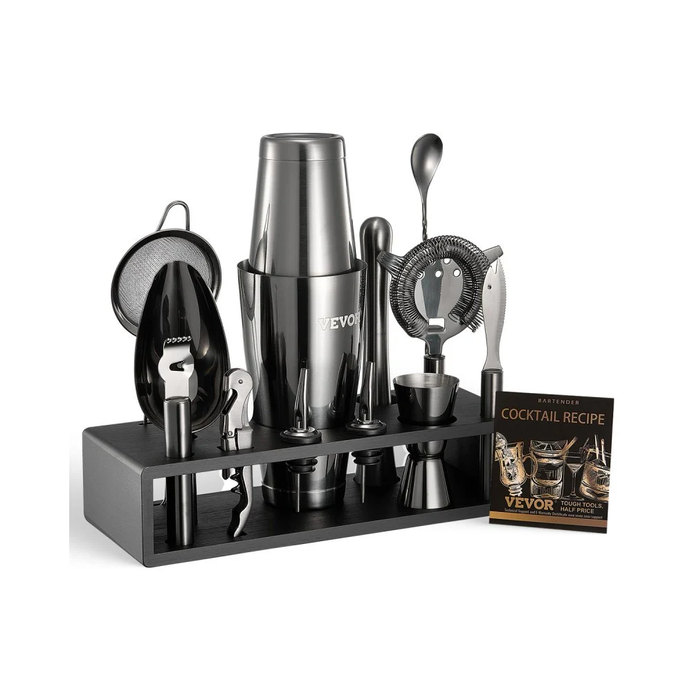 VEVOR Cocktail Shaker Set, 13-Piece Stainless Steel Bar Tools with Bamboo Stand, Boston Bartender Kit | Mixer Spoon, Muddler, Jigger, Strainer, Liquor Pourers, Ice Scoop, Lemon Zester, Gunmetal