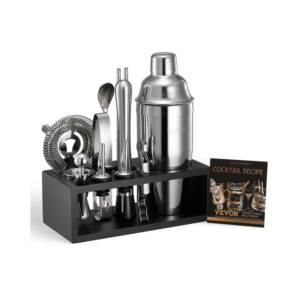 VEVOR Cocktail Shaker Set, 13-Piece Stainless Steel Bar Tools with Bamboo Stand, Martini Bartender Kit Accessories | Mixer Spoon, Muddler, Jigger, Strainer, Liquor Pourers, Ice Tong, Corkscrew, Silver