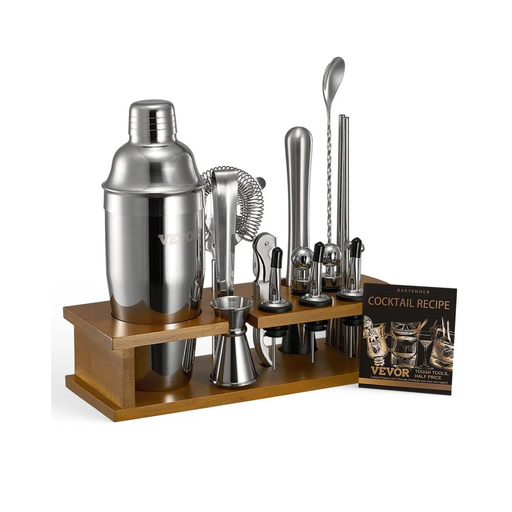 VEVOR Cocktail Shaker Set, 18-Piece Stainless Steel Bar Tools with Bamboo Stand, Martini Bartender Kit Accessories | Mixer Spoon, Muddler, Jigger, Strainer, Liquor Pourers, Ice Tong, Corkscrew, Silver