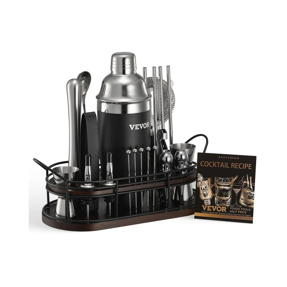 VEVOR Cocktail Shaker Set, 23-Piece Stainless Steel Bar Tools with Bamboo Stand, Martini Bartender Kit Accessories | Mixer Spoon, Muddler, Jiggers, Strainer, Liquor Pourers, Ice Tong, Corkscrew