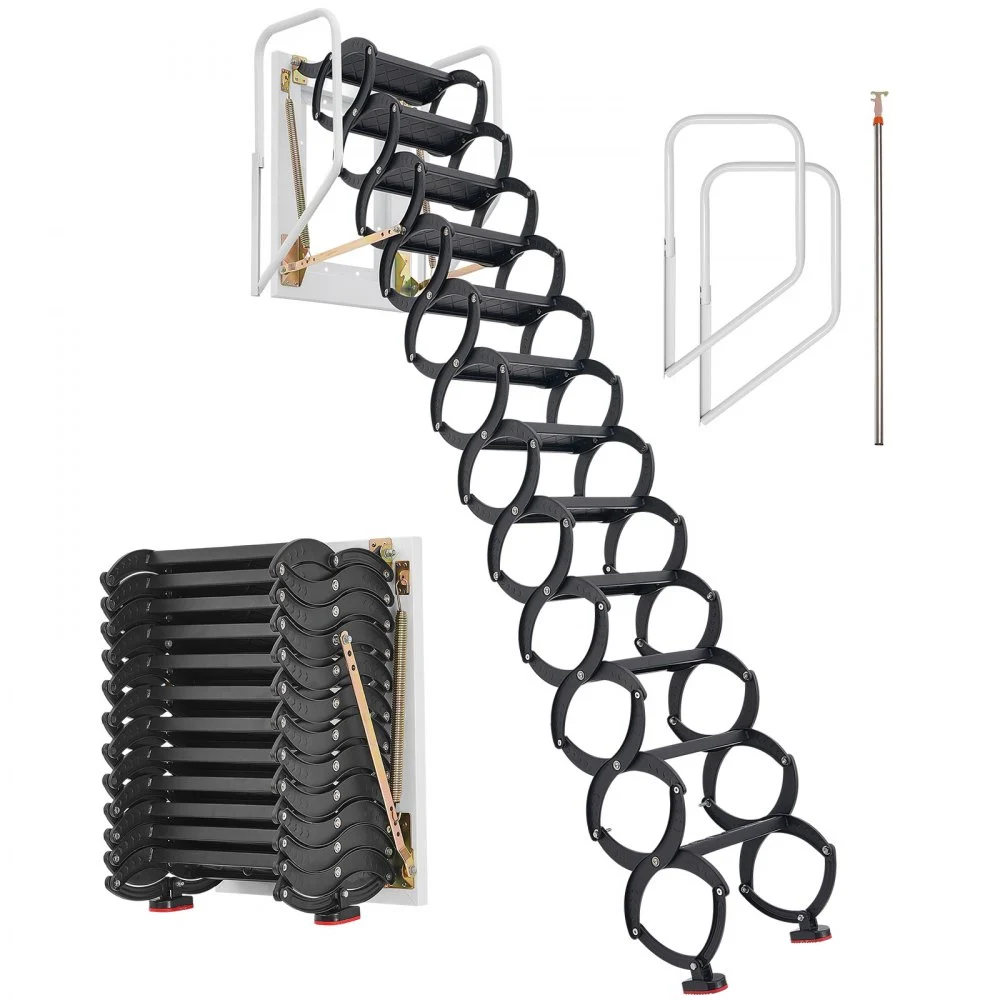 Summer Sale

        
               VEVOR Attic Ladder Wall-Mounted, 660LBS/299.4KG Capacity, Fits 9.5 to 10 ft Ceiling Height, 12-Step Steel Folding Stairs with Handrails, Pull Down Attic Ladders for Attics, Garages, Roofs, Basements