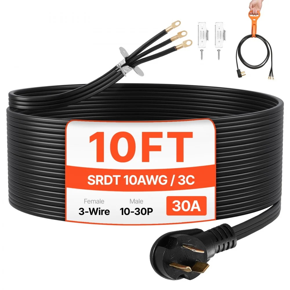 VEVOR 10 ft Dryer Power Cord, 3-Prong NEMA 10-30P Appliance Dryer Cord with Eyelet Connectors, 125V/250V, SDRT 10AWG/3C, 30A, Pure Copper Wire Cable with PVC Cable Tie, Ideal for Indoor & Outdoor Use