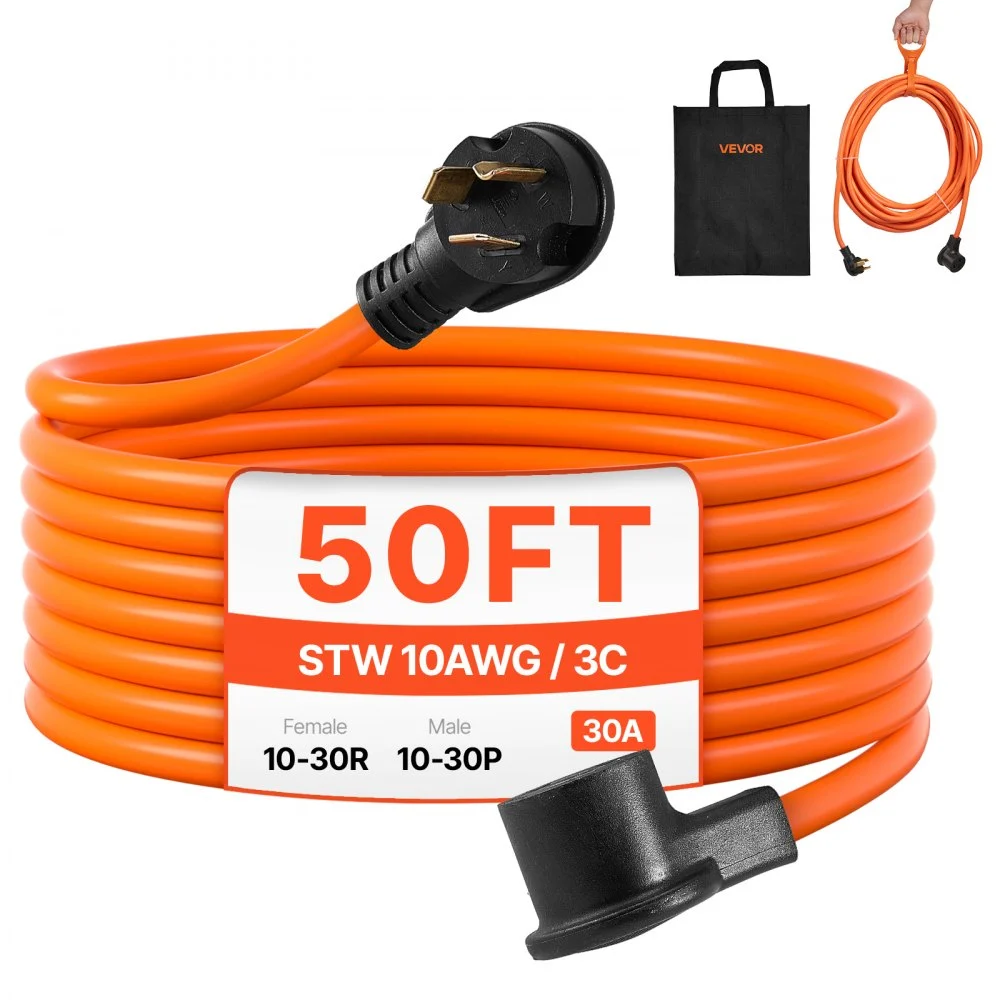 VEVOR 50 ft Dryer Extension Cord, 3-Prong NEMA 10-30P to 10-30R Dryer Cord, 125V/250V STW 10AWG/3C, 30A, Pure Copper Wire Cable with Black Non-woven Bag and PVC Cable Tie, Ideal for Indoor & Outdoor