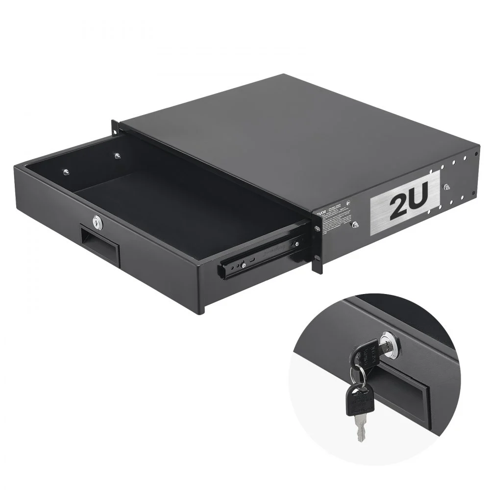 VEVOR 2U Rack Mount Drawer, 50 lbs Max Load-Bearing, Lockable Server Cabinet Case, Sliding Drawer with Lock and Cable Management Holes, for 19 in Network Equipment Server AV Rack or Cabinet Enclosure