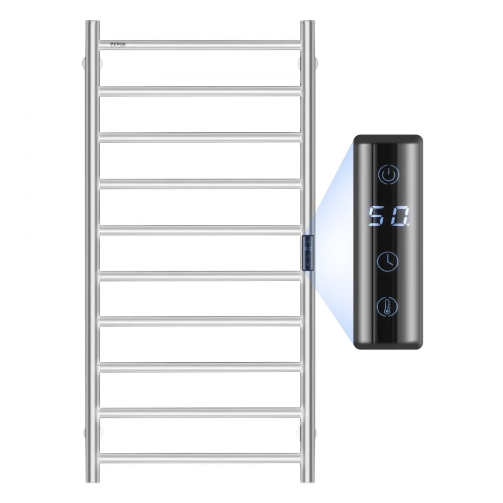 VEVOR 10 Bars Towel Warmer Rack, Wall Mounted Heated Towel Rack for Bathroom, IPX5 Waterpoof Towel Heater Rack with Timer & LED Display Screen, 5 Levels Adjustable Temperature Towel Heater, Silver