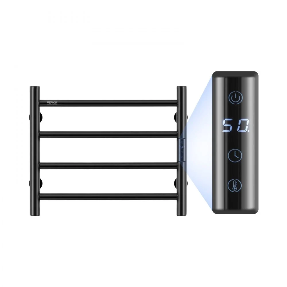 VEVOR 4 Bars Towel Warmer Rack, Wall Mounted Heated Towel Rack for Bathroom, IPX5 Waterpoof Towel Heater Rack with Timer & LED Display Screen, 5 Levels Adjustable Temperature Towel Heater, Black