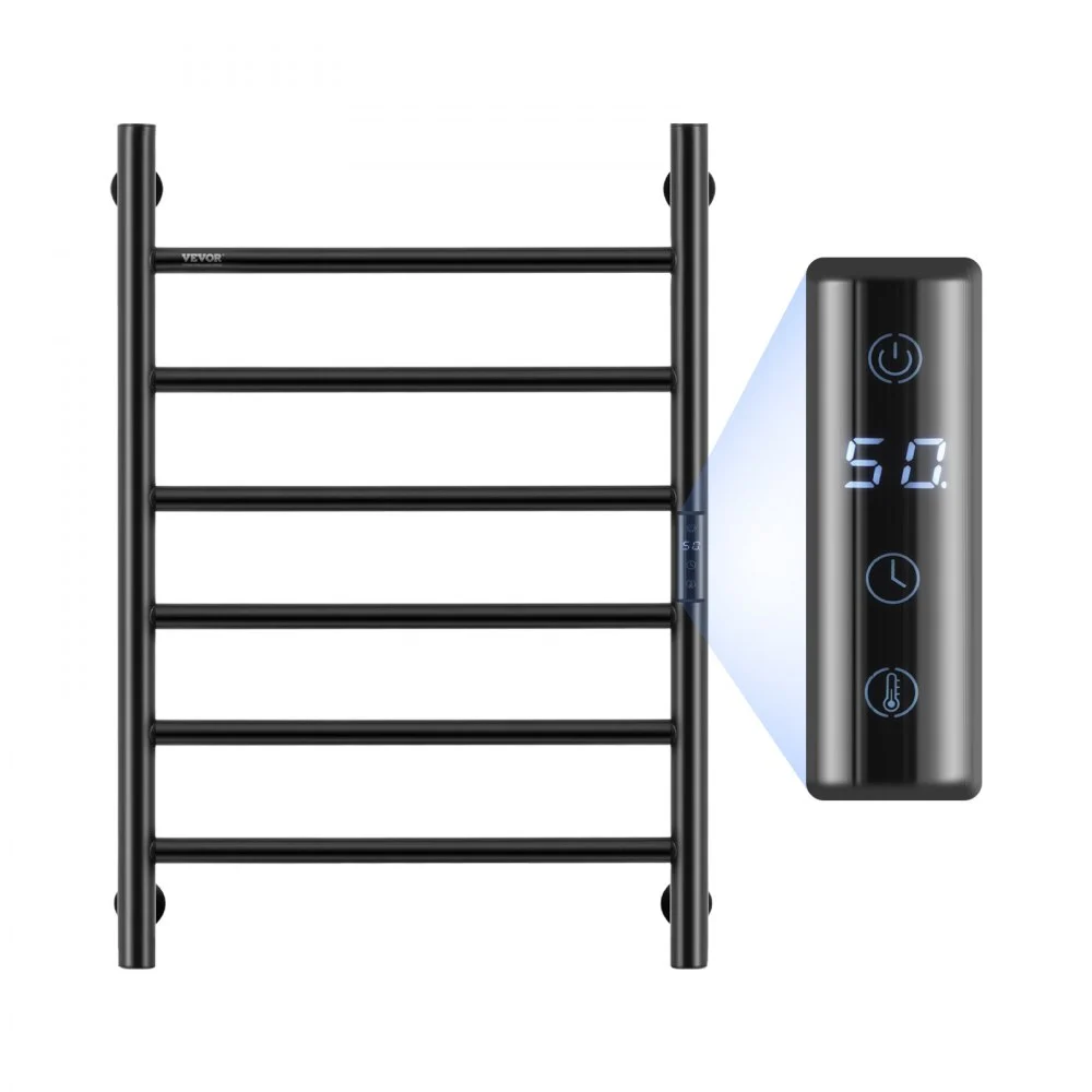 VEVOR 6 Bars Towel Warmer Rack, 120V Wall Mounted Heated Towel Rack for Bathroom, IPX5 Waterpoof Towel Heater Rack with Timer & LED Display Screen, 5 Levels Adjustable Temperature Towel Heater, Black