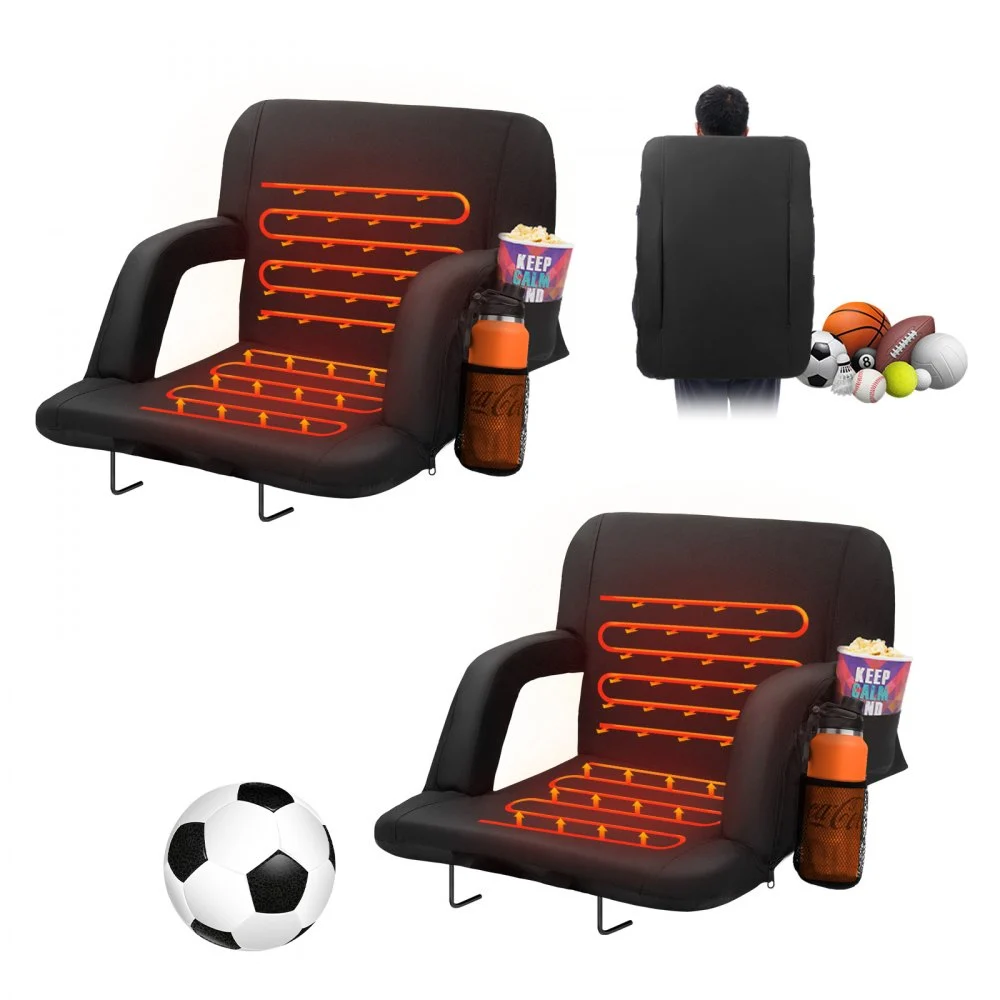 VEVOR Double Heated Stadium Seat with Back Support, 3 Level Heating Wide Bleacher Seat, Folding Portable Padded Reclining Chair with Hook Pocket Cupholder, Ideal for Sport Event Beach Concert (2 Set)