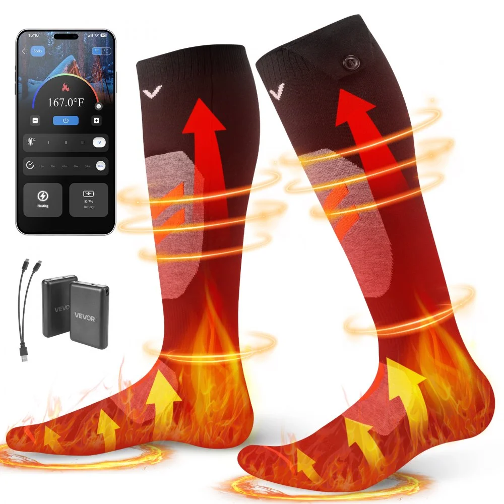 VEVOR Heated Socks, 5000mAh Battery Powered, Rechargeable Heating Socks with 4 Heating Levels, Electric Heated Sock with APP Control for Men Women, Foot Warmer for Hunting Riding Camping Hiking