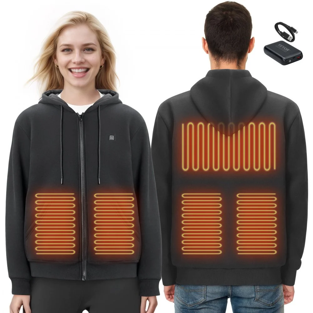 VEVOR Heated Hoodie, Unisex Heated Sweatshirt with Battery Pack 7.4V, Zip Up Electric Jacket with 5 Heating Zones for Men & Women, Lightweight Warm Heated Outdoor Pullover for Camping, XL Size Black