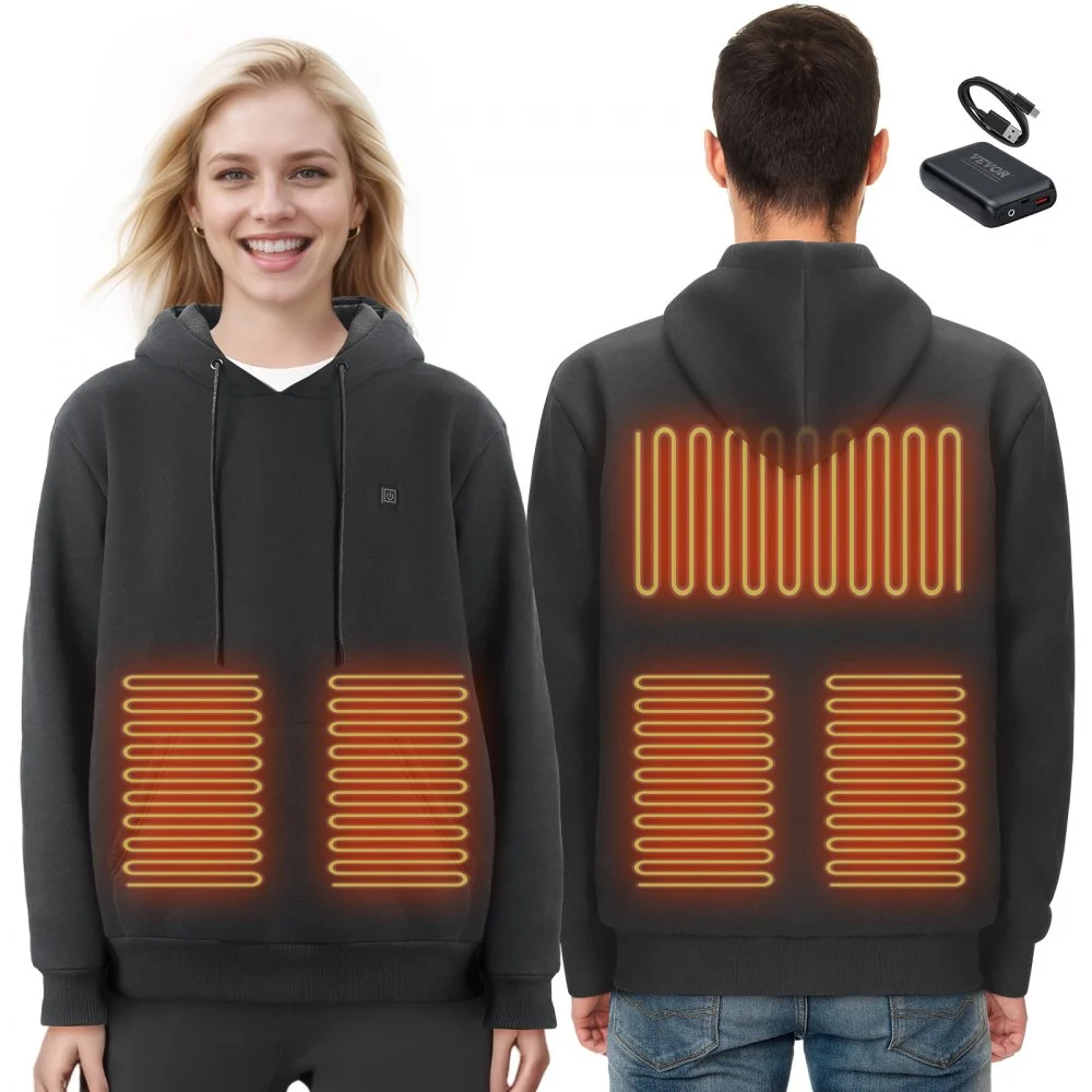 VEVOR Heated Hoodie, Unisex Heated Sweatshirt with Battery Pack 7.4V, Electric Jacket with 5 Heating Zones for Men & Women, Lightweight Warm Heated Outdoor Pullover for Fishing Camping, M Size Black
