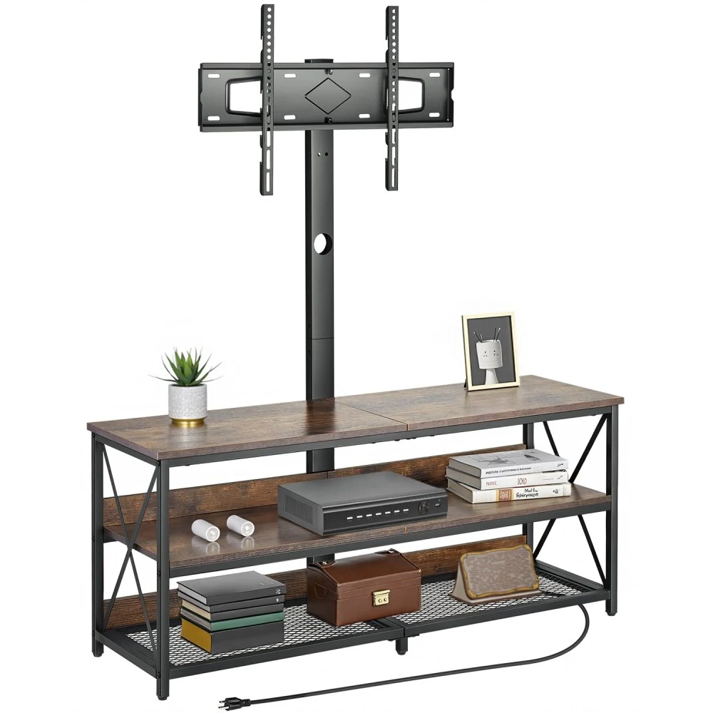 VEVOR 48" TV Stand with Mount for up to 75 in TVs, Entertainment Center with Power Outlet, Height Adjustable TV Console with Mount with 3 Tiers Open Storage Cabinets for Bedroom, Living Room, Browm