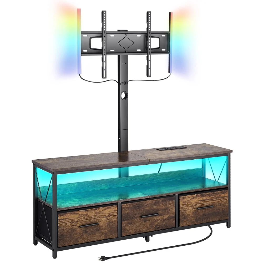 VEVOR 52" TV Stand with Mount for up to 75 in TVs, Entertainment Center with Power Outlet & LED Lights, Height Adjustable TV Console with Mount with 3 Drawers for Bedroom, Living Room, Brown