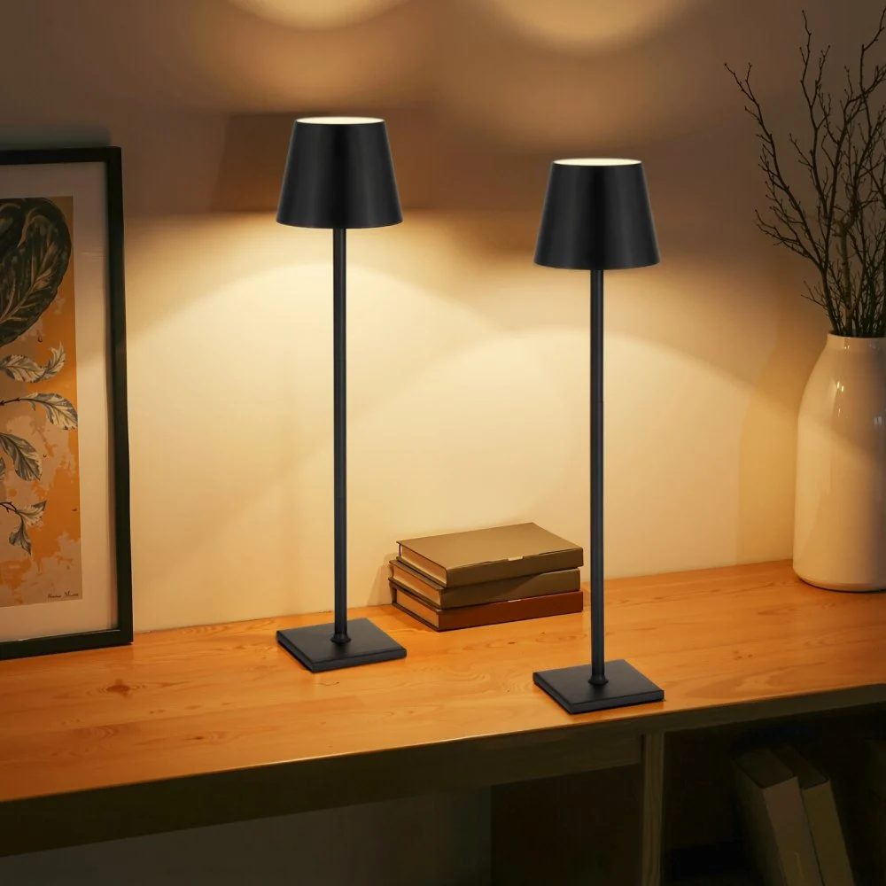 VEVOR Cordless Table Lamp, 2-Pack, 5200mAh Built-in Rechargeable Battery Desk Lamp, Stepless Dimming Up, 3 Adjustable Heights, Detachable Lampshade for Bottle, Restaurant, Bedroom, Outdoor, Black