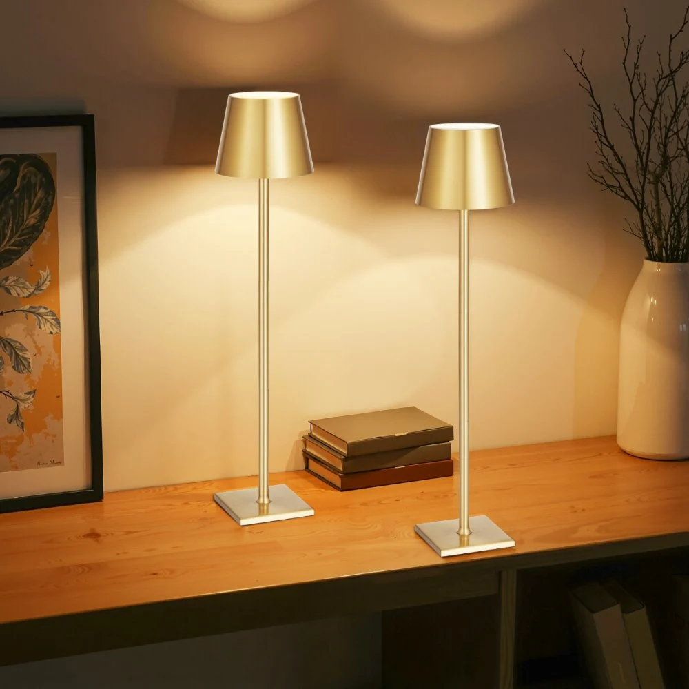 VEVOR Cordless Table Lamp, 2-Pack, 5200mAh Built-in Rechargeable Battery Desk Lamp, Stepless Dimming Up, 3 Adjustable Heights, Detachable Lampshade for Bottle, Restaurant, Bedroom, Outdoor, Gold