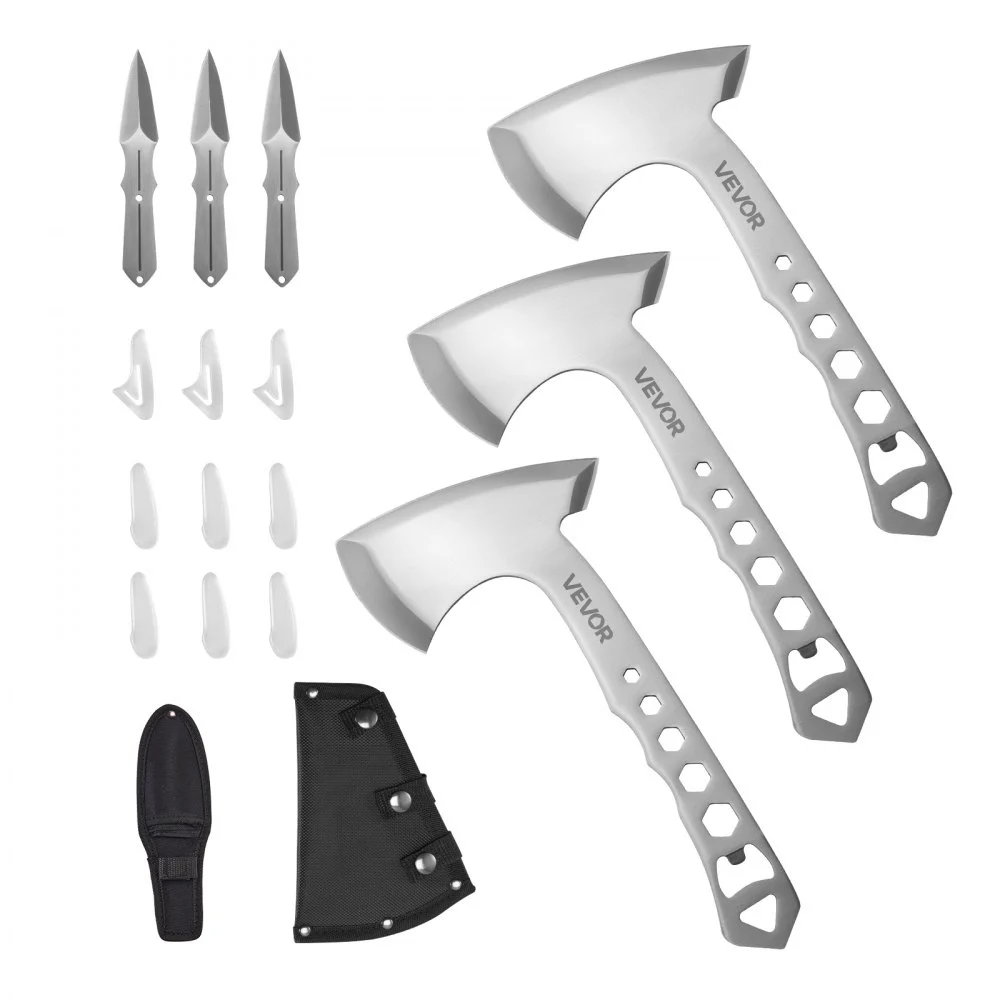 VEVOR Throwing Axes and Tomahawks, 3 Pack Hatchet Axes and 3 Pack Knives Throwing Products Set, Handle with Wrench and Bottle Opener, Stainless Steel, Black Nylon Sheath, for Recreation Competition