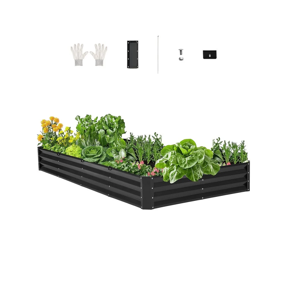 VEVOR Metal Raised Garden Bed, 8 x 4 x 1 ft Outdoor Galvanized Planter Box, with Open Bottom, Large Planter Raised Bed for Gardening Vegetables, Flowers, Herbs, and Succulent Plants, Dark Gray