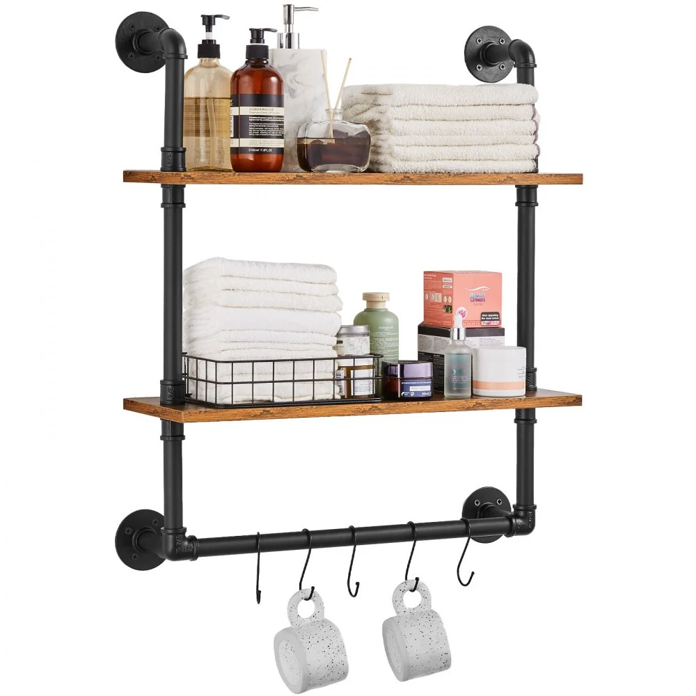 VEVOR Industrial Pipe Shelf, 2 Tier 24x7.87in, Wall-Mount Floating Rustic Wood Shelves Bracket Display Bookshelf, Storage Rack Sundries Holder for Kitchen Bedroom Bathroom Living Room, Black