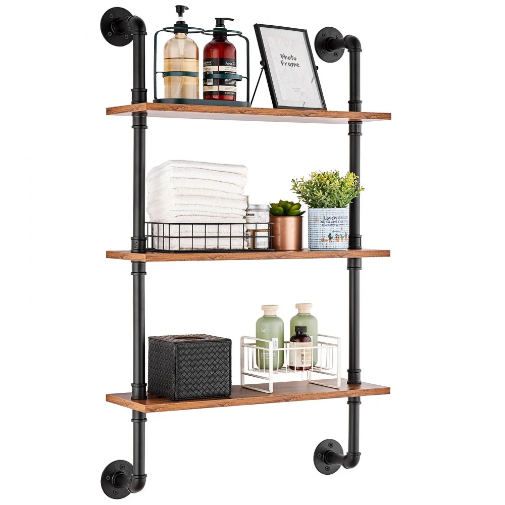 VEVOR Industrial Pipe Shelf, 3 Tier 24x7.87in, Wall-Mount Floating Rustic Wood Shelves Bracket Display Bookshelf, Storage Rack Sundries Holder for Kitchen Bedroom Bathroom Living Room, Black