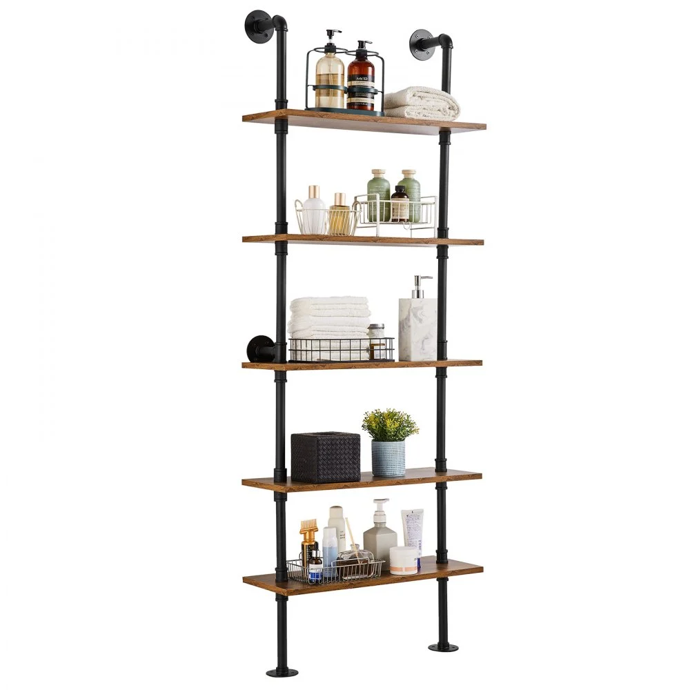 VEVOR Industrial Pipe Shelf, 5 Tier 24x9.84in, Wall-Mount Floating Rustic Wood Shelves Bracket Display Bookshelf, Storage Rack Sundries Holder for Kitchen Bedroom Bathroom Living Room, Black