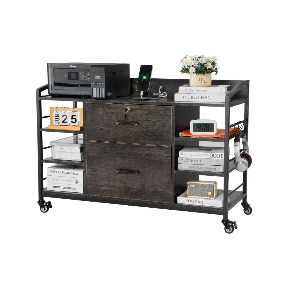 VEVOR 2 Drawers Metal File Cabinet, Lateral Filing Cabinet with Lock and 6 Open Shelves, Wooden Wide Filing Storage Cabinets with Power Strip for Letter, A4, Legal Size File, Easy Assembly, Gray