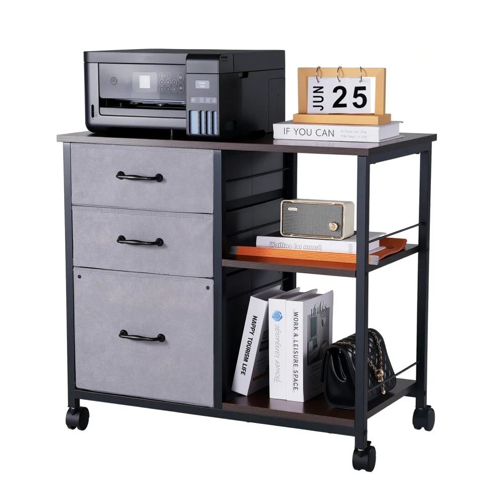 VEVOR Metal File Cabinet, Mobile Filing Cabinet with 3 Fabric Drawers and 2 Open Shelves, Wooden Vertical Filing Storage Cabinets with Wheels for Letter, A4, Legal Size File, Easy Assembly, Brown