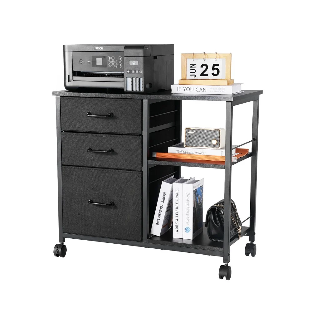 VEVOR Metal File Cabinet, Mobile Filing Cabinet with 3 Fabric Drawers and 2 Open Shelves, Wooden Vertical Filing Storage Cabinets with Wheels for Letter, A4, Legal Size File, Easy Assembly, Black