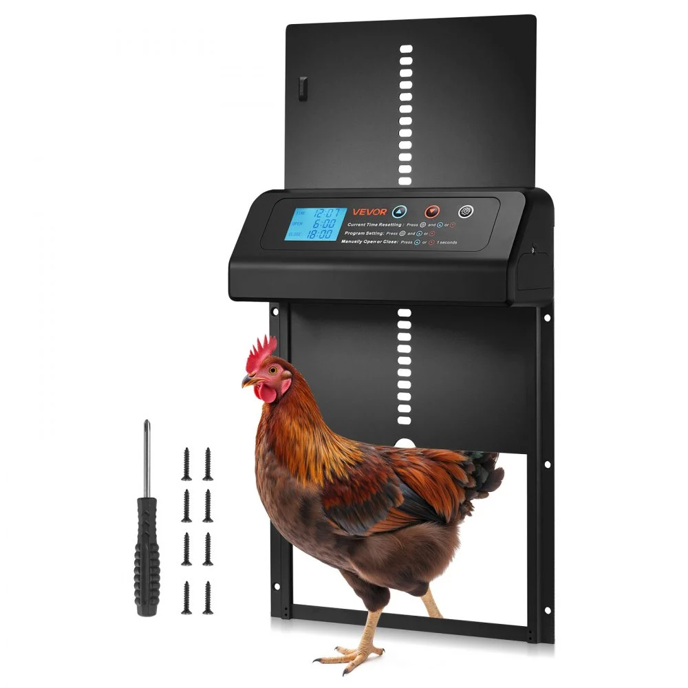 VEVOR Automatic Chicken Coop Door, Battery Powered Chicken Coop Door with Timer & Manual Setting, Anti-Pinch Security, Durable Aluminum Alloy, Auto Chick Run Gate Opener with Waterproof Sealing, Black