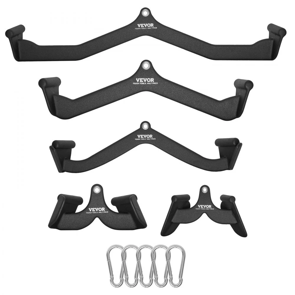 VEVOR LAT Pulldown Attachments, Cable Machine Rowing T-bar V-bar 5 Set, Tricep Pull Down Bar, Back Strength Training Rubber Coated Handle Grip, Bicep Curl Tricep Lat Pulldown Bar for Home Gym Fitness