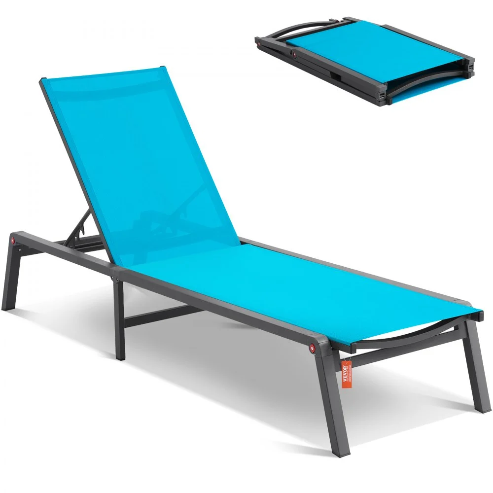 VEVOR Chaise Lounge Chair Outdoor, Aluminum Patio Lounge Chair with Adjustable 5-Position, Folding Pool Lounge Chair Recliner and Full Flat Tanning Chair for Patio, Beach, Pool, Blue