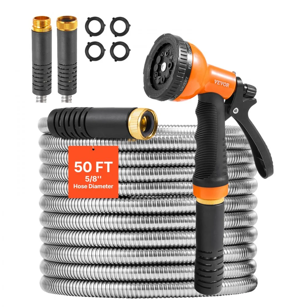 VEVOR Metal Garden Hose 50 ft, Rust Proof Stainless Steel Water Hose, Heavy Duty Backyard Hose with 10 Function Nozzle, No-Kink & Flexible Water Pipe, Lightweight Metal Hose for Yard, Outdoor