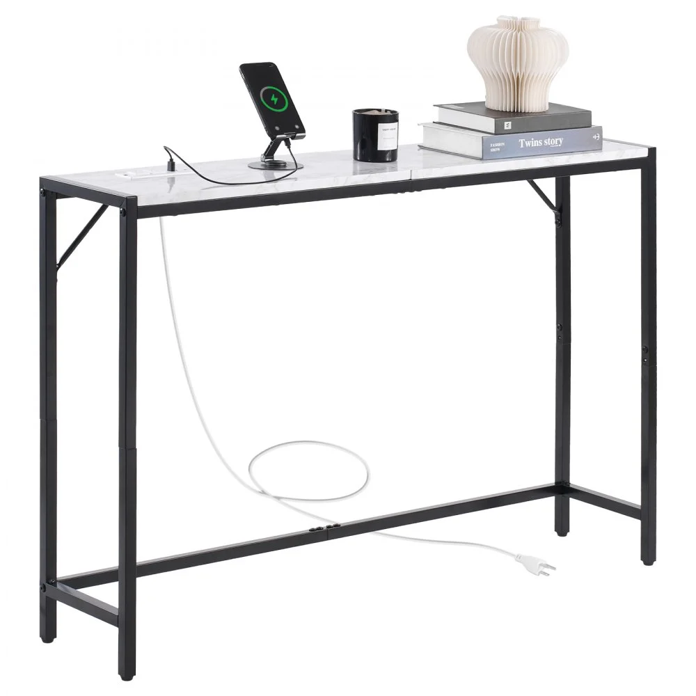 VEVOR Marble Console Table, Modern Narrow Long Console Table with Power Outlet, Thin Sofa Side Table with Iron Tubes, Anti-Tip Device and Triangular Support for Living Room, Hallway, Entryway, Foyer