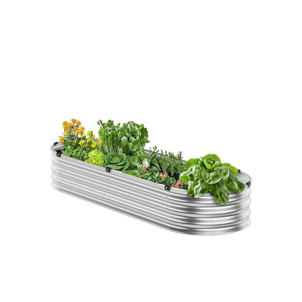 VEVOR Metal Raised Garden Bed, 4 x 2 x 1 ft Outdoor Galvanized Planter Box, with Open Bottom, Large Oval Planter Raised Bed for Gardening Vegetables, Flowers, Herbs, and Succulent Plants, Silver