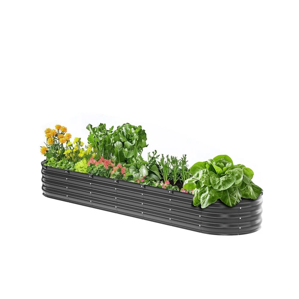 VEVOR Metal Raised Garden Bed, 8 x 2 x 1 ft Outdoor Galvanized Planter Box, with Open Bottom, Large Oval Planter Raised Bed for Gardening Vegetables, Flowers, Herbs, and Succulent Plants, Dark Gray