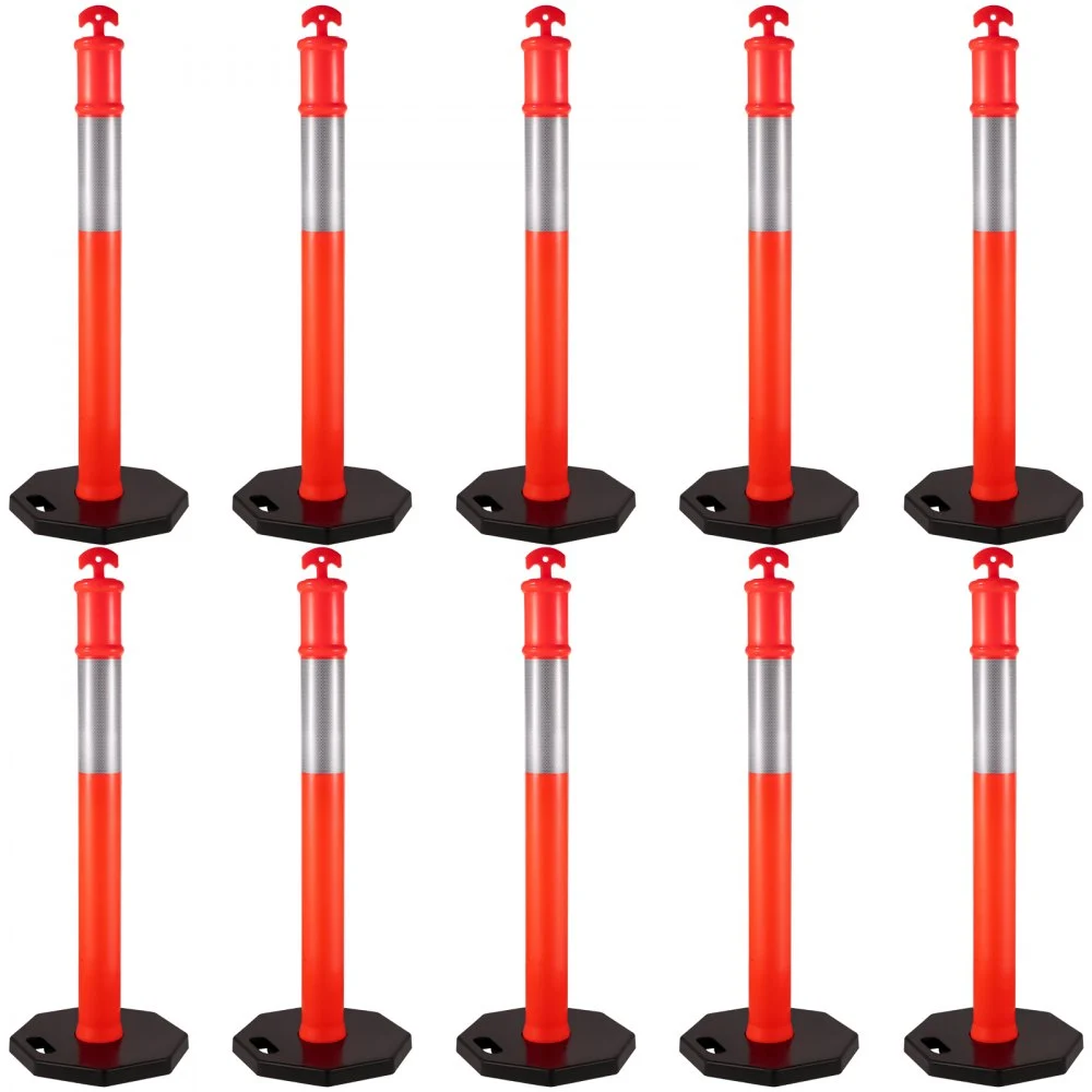VEVOR 10Pack Traffic Delineator Posts 44 Inch Height, PE Channelizer Cones Post Kit 10 inch Reflective Band, Delineators Post with Rubber Base 16 inch for Construction Sites, Facility Management etc.