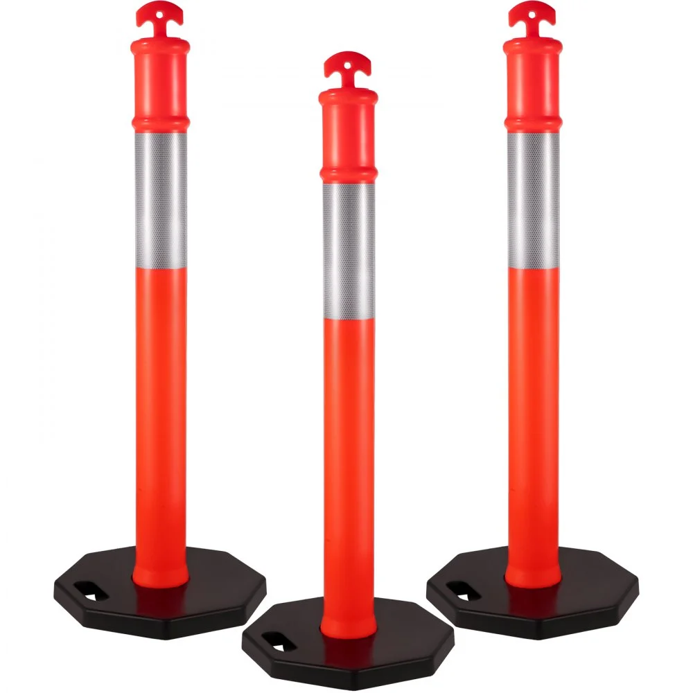 VEVOR 3Pack Traffic Delineator Posts 44 Inch Height, Orange Delineator Cones with Rubber Base 16 inch, PE Delineator Post Kit 10 inch Reflective Band for Construction Sites, Facility Management etc.