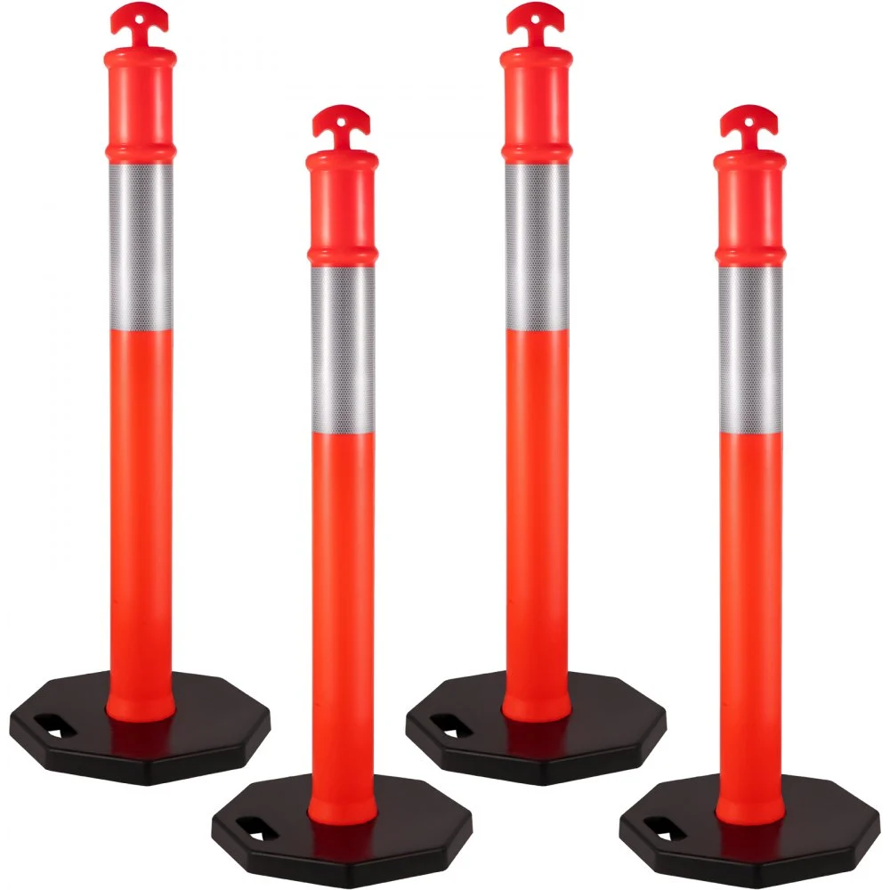 VEVOR 4Pack Traffic Delineator Posts 44 Inch Height, PE Delineator Post Kit 10 inch Reflective Band, Orange Delineator Cones with Rubber Base 16 inch for Construction Sites, Facility Management etc.