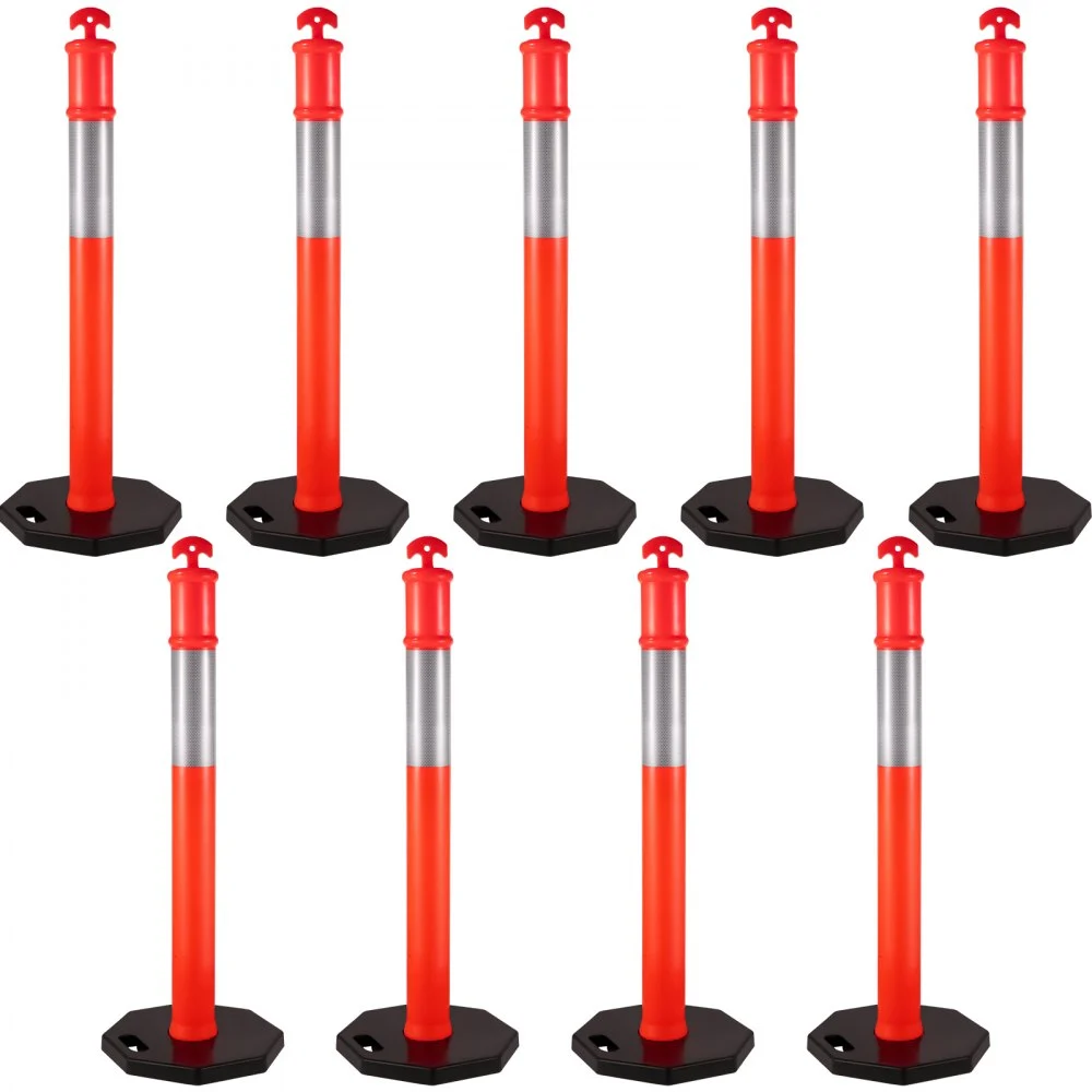 VEVOR 9Pack Traffic Delineator Posts 44 Inch Height, PE Delineator Cones Post Kit 10 inch Reflective Band, Delineators Post with Rubber Base 16 inch for Construction Sites, Facility Management etc.