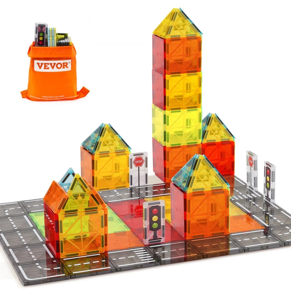 VEVOR Magnetic Tiles, 56 PCS Magnetic Road Building Blocks for Kids, Magnet Building Set with Storage Bag, STEM Sensory Educational City Construction Stacking Toys Gift for Toddlers Boys Girls Aged 3+