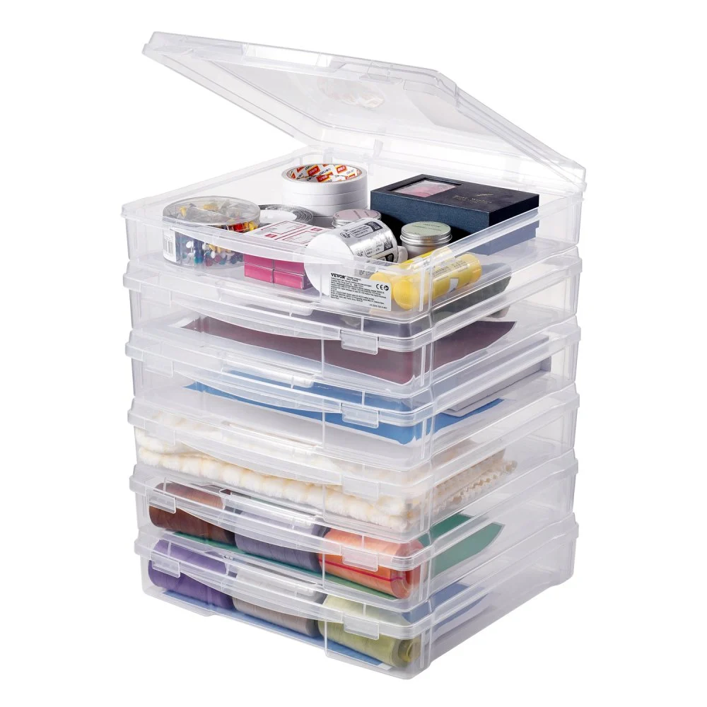 VEVOR Scrapbook Paper Storage, 6 Pack Stackable Plastic Board Game Boxes, Clear Multi-Purpose Document Case with Rounded Corners and Double Latches, for Office Essentials Tools Arts Crafts Supplies
