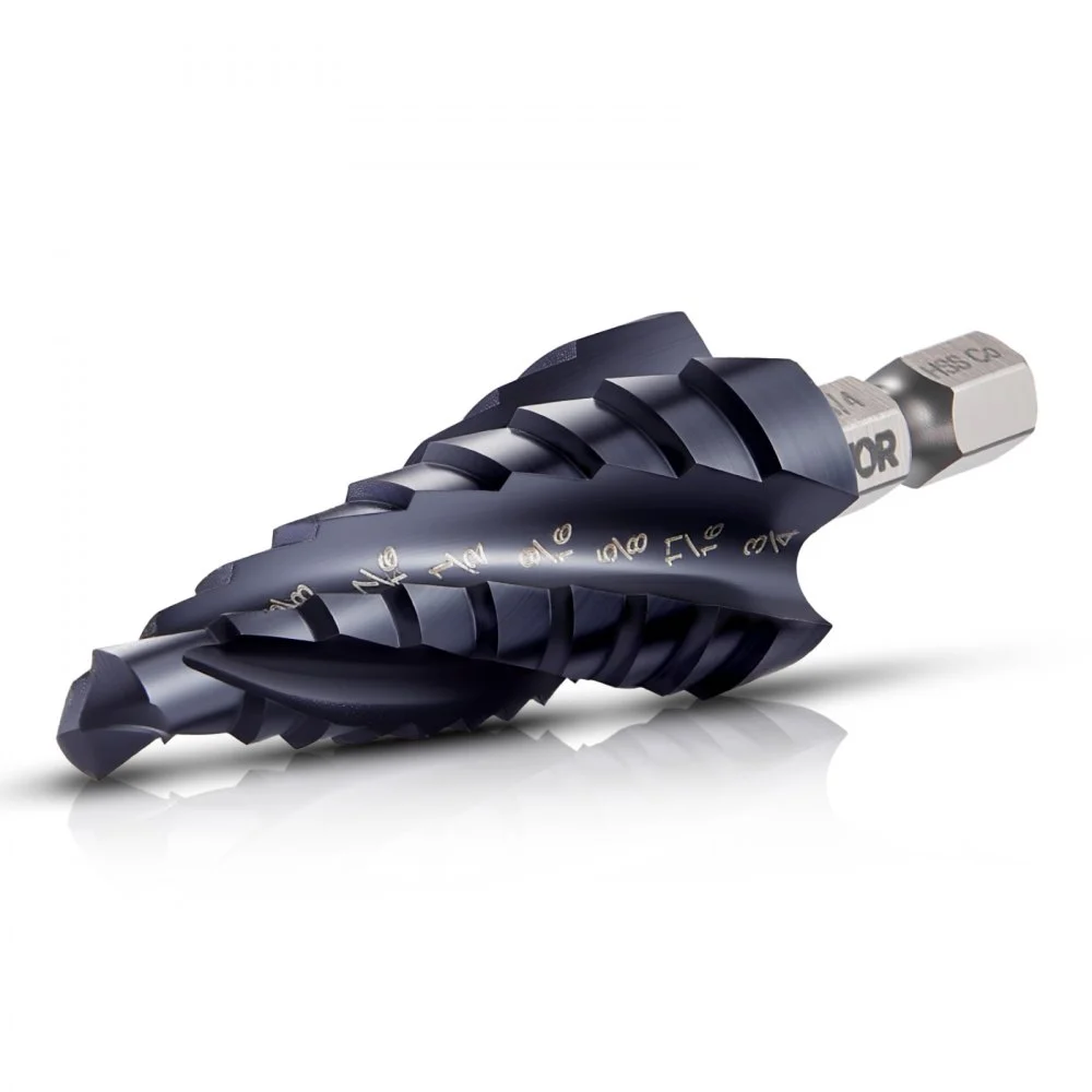 VEVOR Step Drill Bit, 1/4 to 3/4 inch, 1/4 inch Hex Shank, TiAlN Coating Cobalt HSS High Speed Steel, Four Spiral Flute Step Bit for Metal, Stainless Steel, Aluminum, Wood, Plastic, Fiberglass