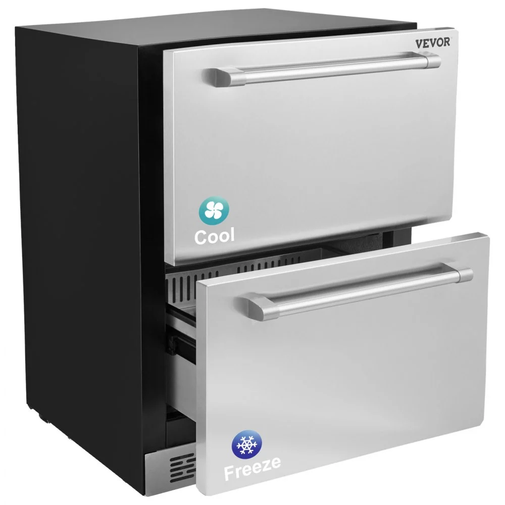 VEVOR 24 inch Undercounter Refrigerator, 2 Drawer Refrigerator with Different Temperature, 4.87 Cu.ft. Capacity, Waterproof Indoor and Outdoor Under Counter Freezer Fridge for Home and Commercial Use