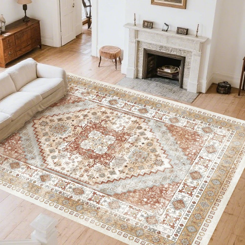 VEVOR Area Rug, 8 x 10 ft Large Washable Rug, Non-Slip and Tear-Resistant Soft Carpet, Pet & Child Friendly Vintage Area Rugs, Indoor Mat for Bedroom, Living Room, Kids Room, Office, Brown Red