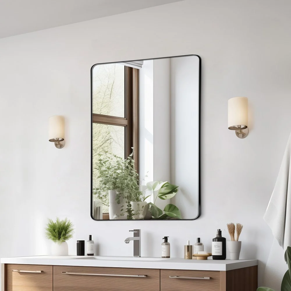 VEVOR Wall Mounted Makeup Mirror, 0.15" Thick, 22" x 30" Mirror with Aluminium Alloy Frame & Explosion-Proof Film, Scratch-Resistant Mirror with Z-Shaped Bracket, Fit for Bathroom/Bedroom/Living Room
