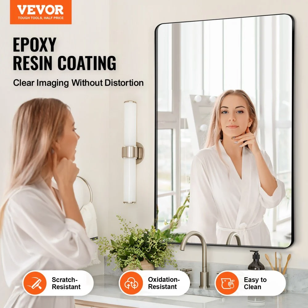 VEVOR Wall Mounted Makeup Mirror, 0.15" Thick, 24" x 36" Mirror with Aluminium Alloy Frame & Explosion-Proof Film, Scratch-Resistant Mirror with Z-Shaped Bracket, Fit for Bathroom/Bedroom/Living Room