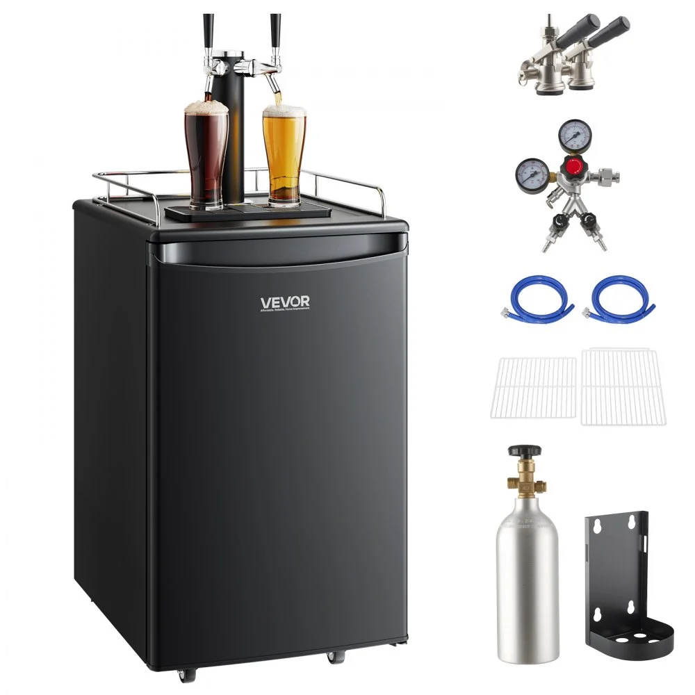 Summer Sale
VEVOR Beer Kegerator, Dual Tap Draft Beer Dispenser, Full Size Keg Refrigerator with CO2 Cylinder, Shelves, Drip Tray & Rail, 32°F- 50°F Temperature Control, Hold 1/6, 1/4, 1/2 Barrels, Black